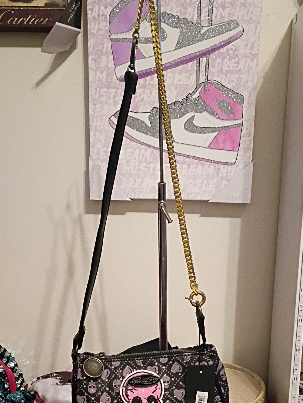 Coach Pink Heart Print Crossbody Bag with Gold Chain Strap